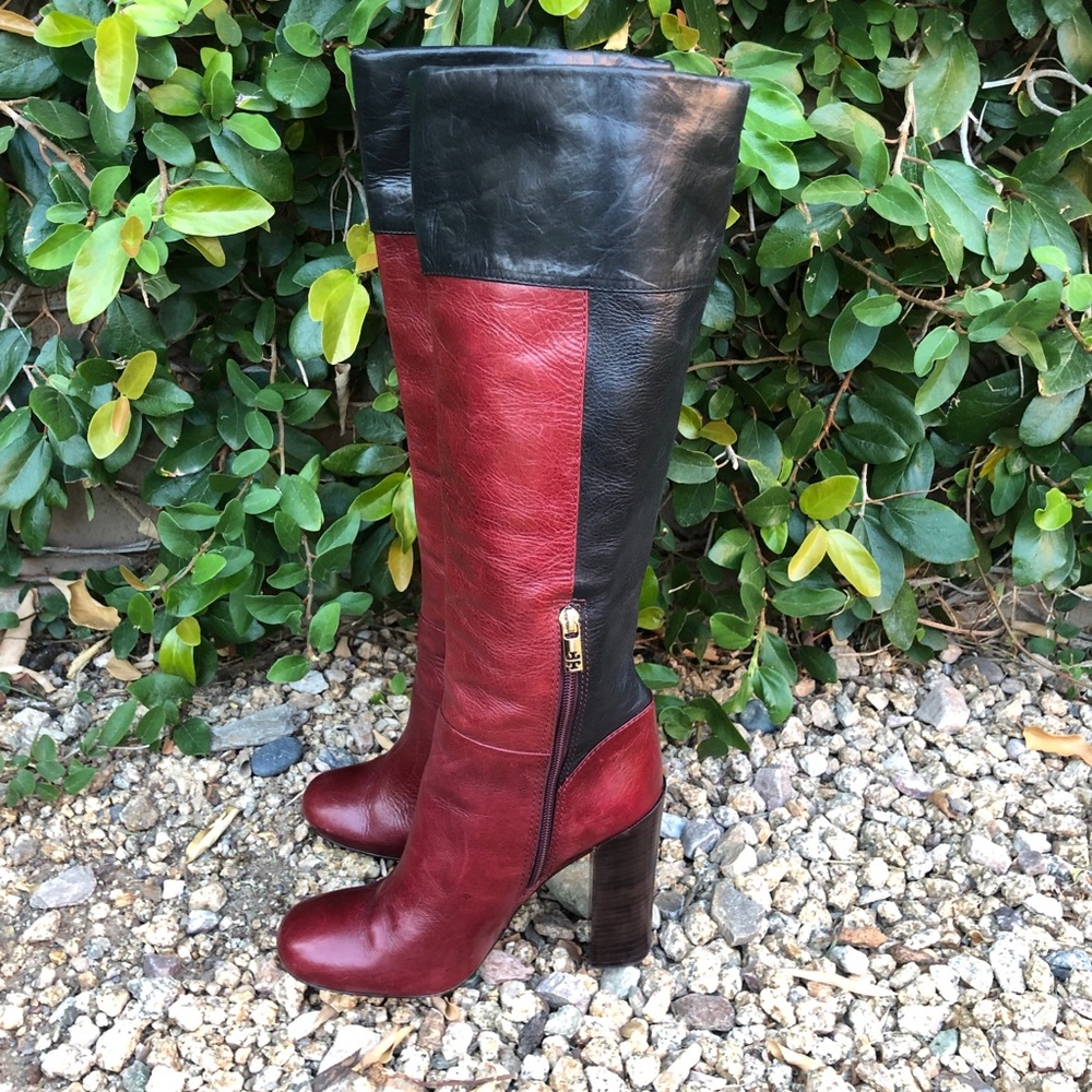 Tory BURCH Elegant Red and Black Knee-High Boots